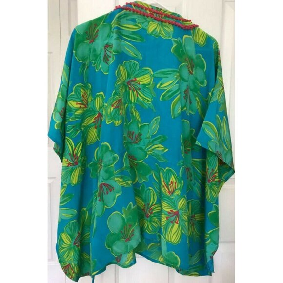 READ 100% Silk Lilly Pulitzer Blue Green Floral Beaded Women's Tunic Shirt S M - Picture 2 of 8